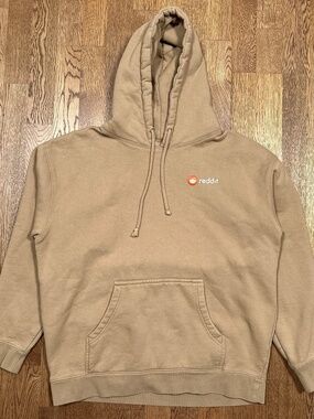 Reddit Snoo Logo Tan Beige Fleece Cotton Blend Pullover Hoodie Mens Large